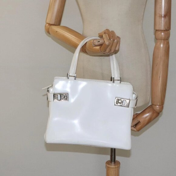 Salvatore Ferragamo Gancini Hand Bag Leather White Silver Auth 118441 - Picture 3 of 16